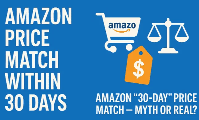 A flat-style horizontal illustration showing an Amazon delivery box and an orange price tag marked “30-day,” symbolizing a 30-day price match or adjustment period. The design suggests evaluating whether the policy is real or a myth, using a clean and modern color scheme.