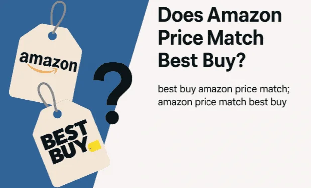 Flat illustration showing Amazon and Best Buy price tags hanging side by side on a blue background, symbolizing price comparison between the two retailers