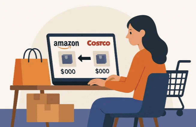 A shopper comparing prices between Amazon and Costco using a laptop and phone, surrounded by shopping boxes and cart.