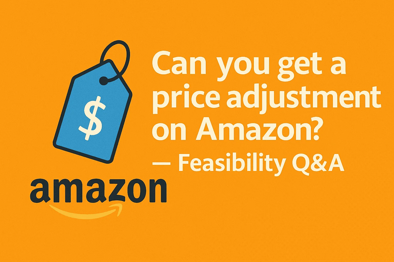 llustration with Amazon logo and a blue price tag icon showing the title “Can you get a price adjustment on Amazon — Feasibility Q&A” on an orange background.