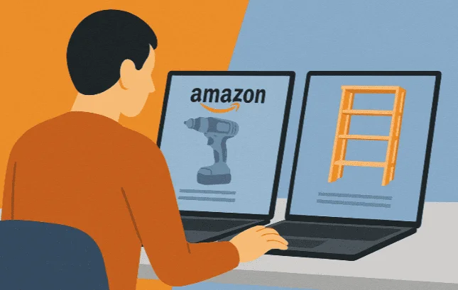 flat-style 16:9 illustration of shopper comparing Amazon and Home Depot prices on laptop for power tools and home goods