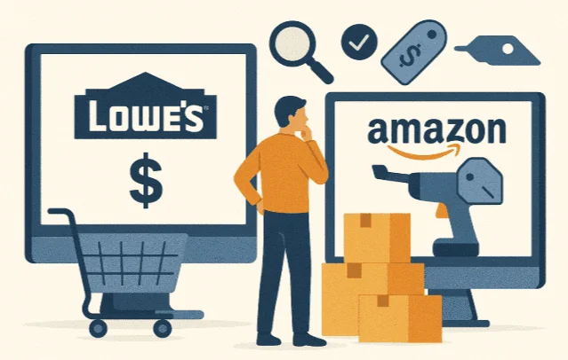 consumer checking prices between Amazon and Lowe’s websites with home improvement products and boxes, concept of amazon lowes price match policy