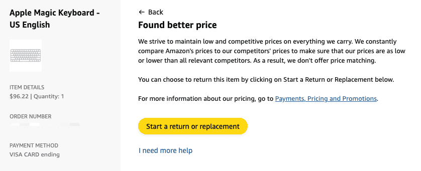 A screenshot of an Amazon order page showing an Apple Magic Keyboard and the “Found better price” message, explaining that Amazon does not offer price matching and suggesting to start a return or replacement.