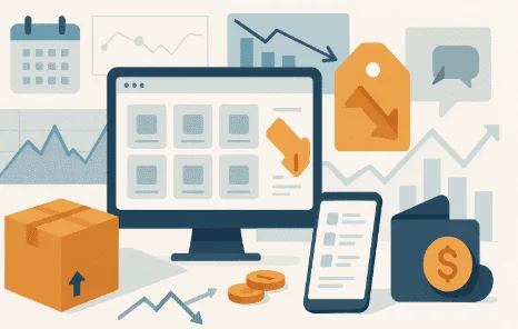 Amazon price adjustment FAQ hero image showing price drop and refund concept with calendar and support icons, no logos, clean e-commerce background.