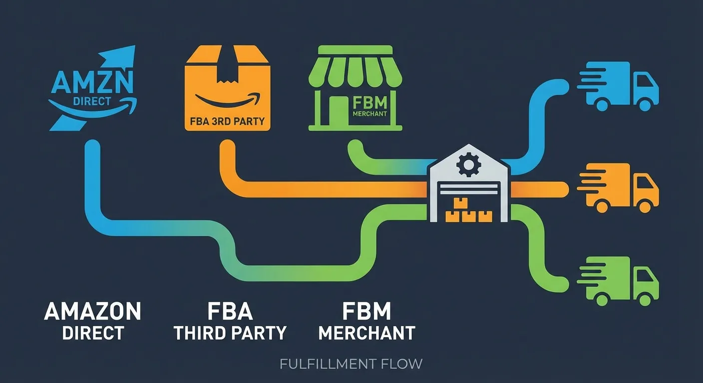 Comparison diagram showing Amazon seller types: Amazon-sold vs FBA vs FBM sellers