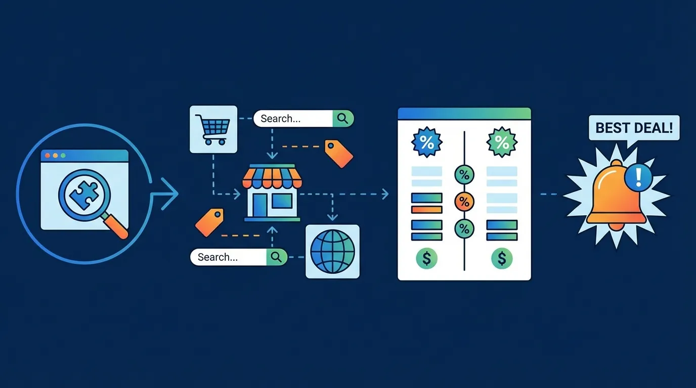 Visual workflow showing price comparison extension in action across multiple retailers