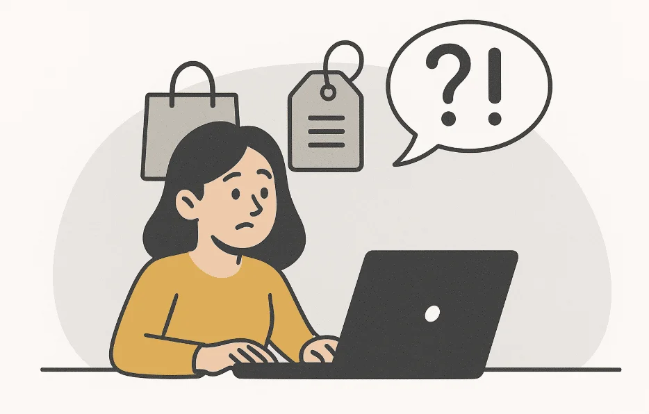 Flat illustration of an Amazon shopper chatting online with customer support after noticing a price drop, shown with a laptop and phone, symbolizing a polite refund or price adjustment request