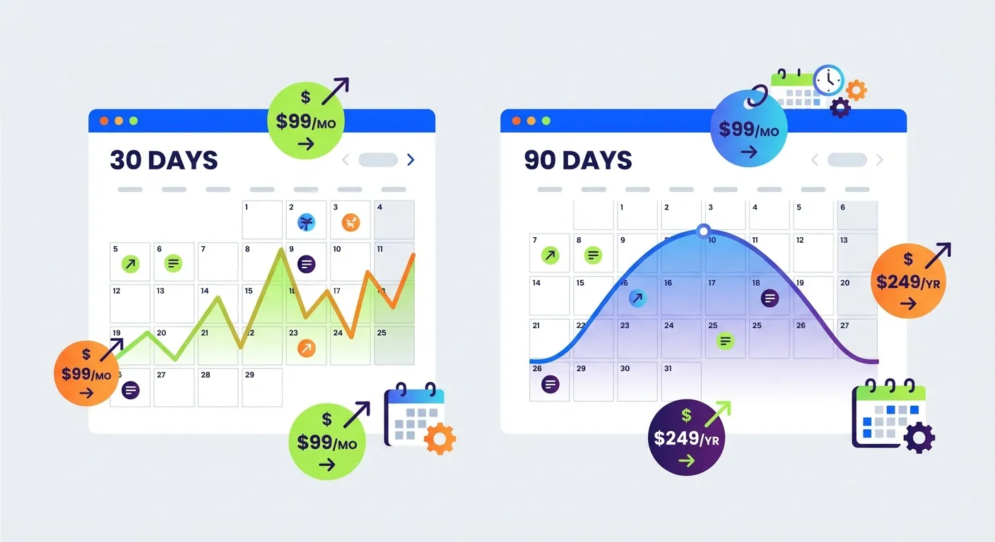 Calendar showing 30 and 90 day price tracking windows with price charts