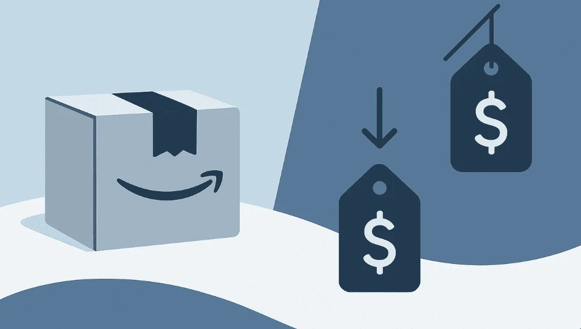 Minimalist horizontal illustration showing an Amazon package and two price tags with downward arrows, symbolizing a price drop refund after purchase