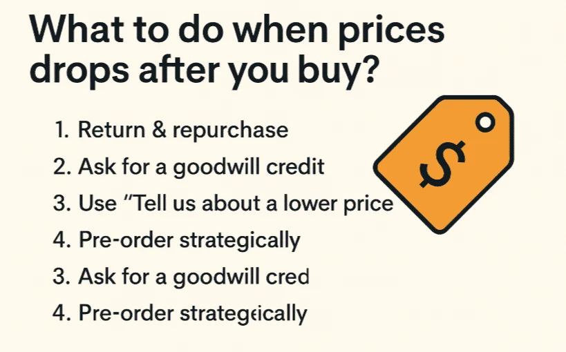 Steps to get Amazon price match: Return and repurchase, Ask for goodwill credit, Report lower price, Pre-order strategically