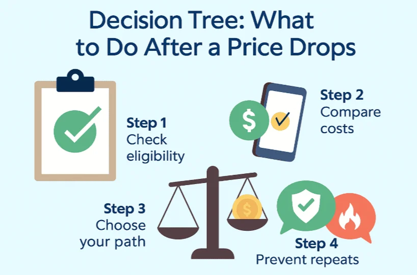 Minimal infographic showing a four-step decision tree for what to do after a price drop, with icons for eligibility check, cost comparison, return or courtesy credit choice, and prevention tips on a light blue background.