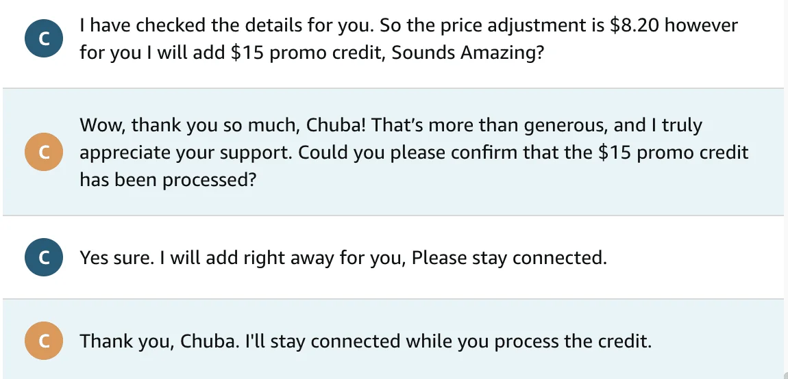 Example Amazon customer support chat showing a courtesy credit issued after a price drop request.