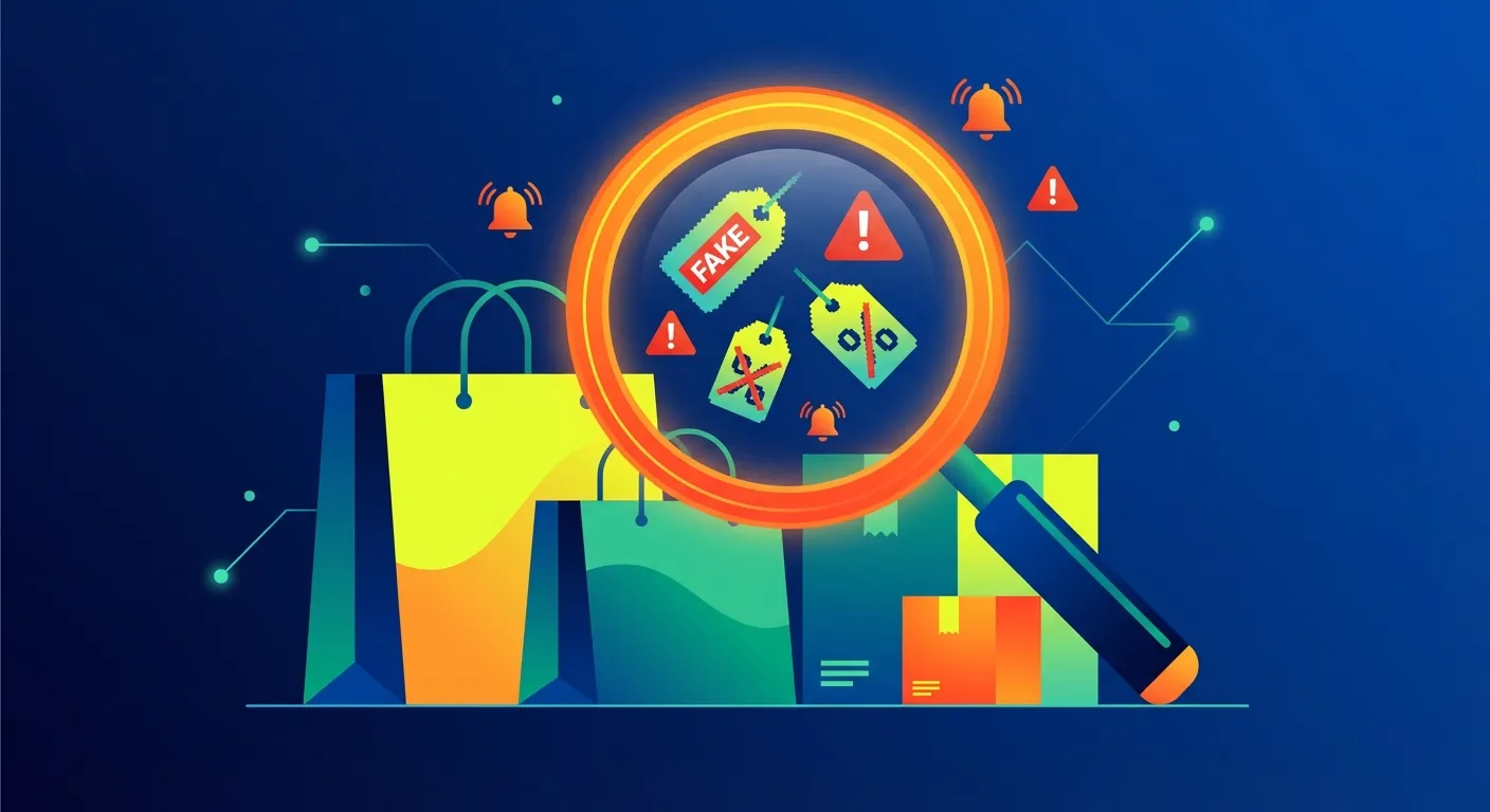 Illustration showing fake discount warning signs with magnifying glass revealing true prices