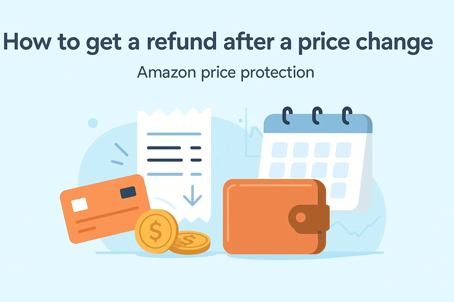 Amazon price protection refund process showing receipt, wallet, coins, and calendar illustrating how to get a refund after a price drop