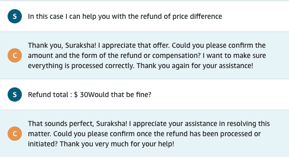 A screenshot of an Amazon chat conversation where a customer requests a price difference refund, and the support agent confirms a $30 refund will be issued.