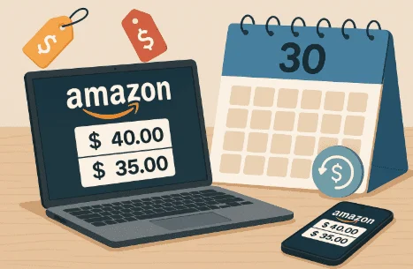 amazon product went on sale after purchase guide visual showing price change concept and online shopping elements