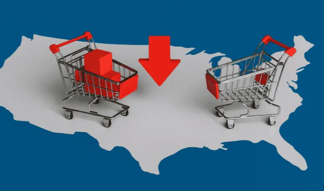 Two shopping carts on a map of the United States with a red downward arrow between them, symbolizing a product price drop and refund adjustment.