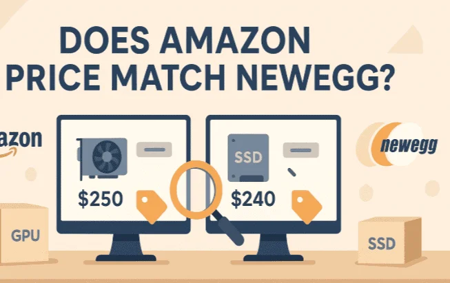 oes amazon price match newegg visual showing electronics boxes laptop gpu motherboard with price tags and arrows indicating price difference post purchase window