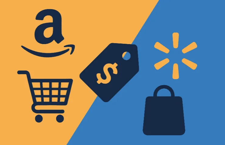 Flat illustration comparing Amazon and Walmart prices with shopping icons and a price tag symbol, minimal and modern style.