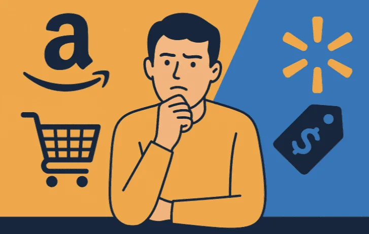 Flat illustration of a person sitting between Amazon and Walmart logos, comparing prices on a laptop, minimalist horizontal layout.