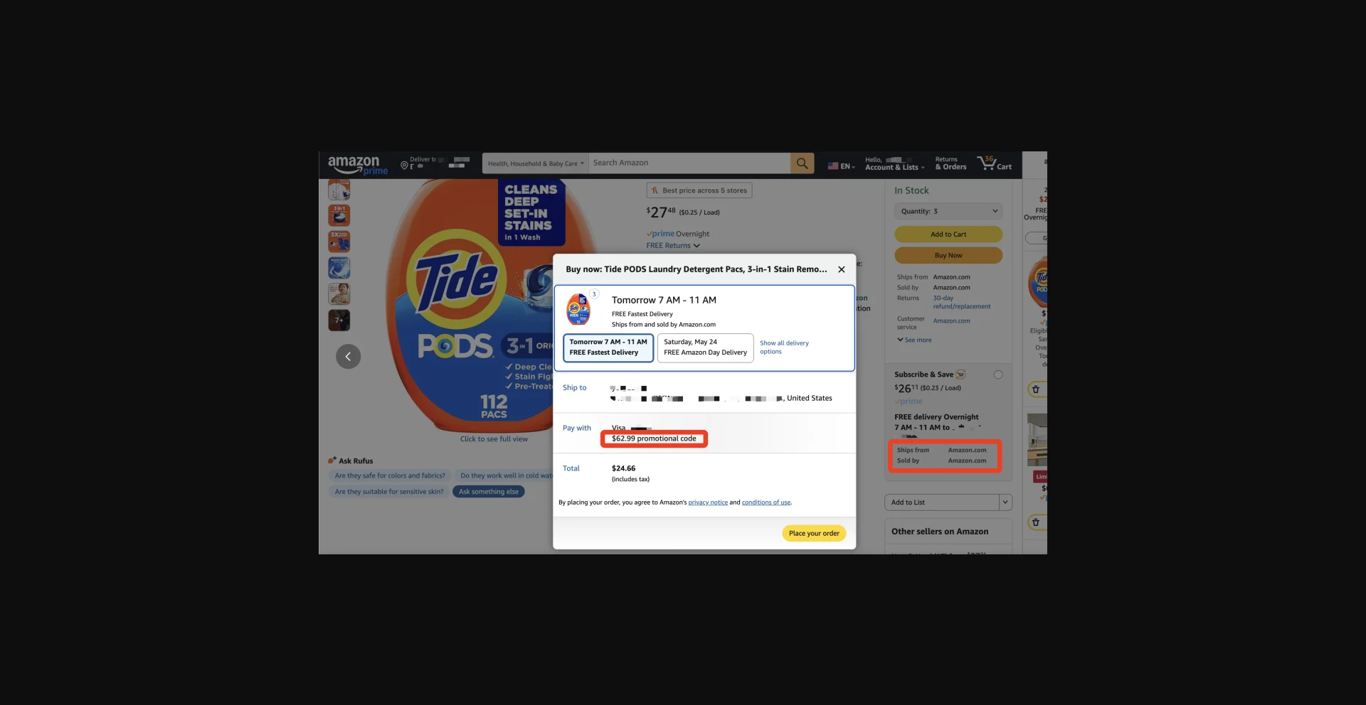 Amazon checkout page showing promotional credit being applied at checkout