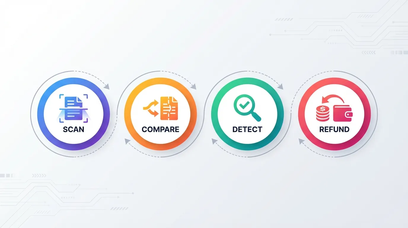 Four step workflow showing scan orders, compare prices, detect savings, and request refund