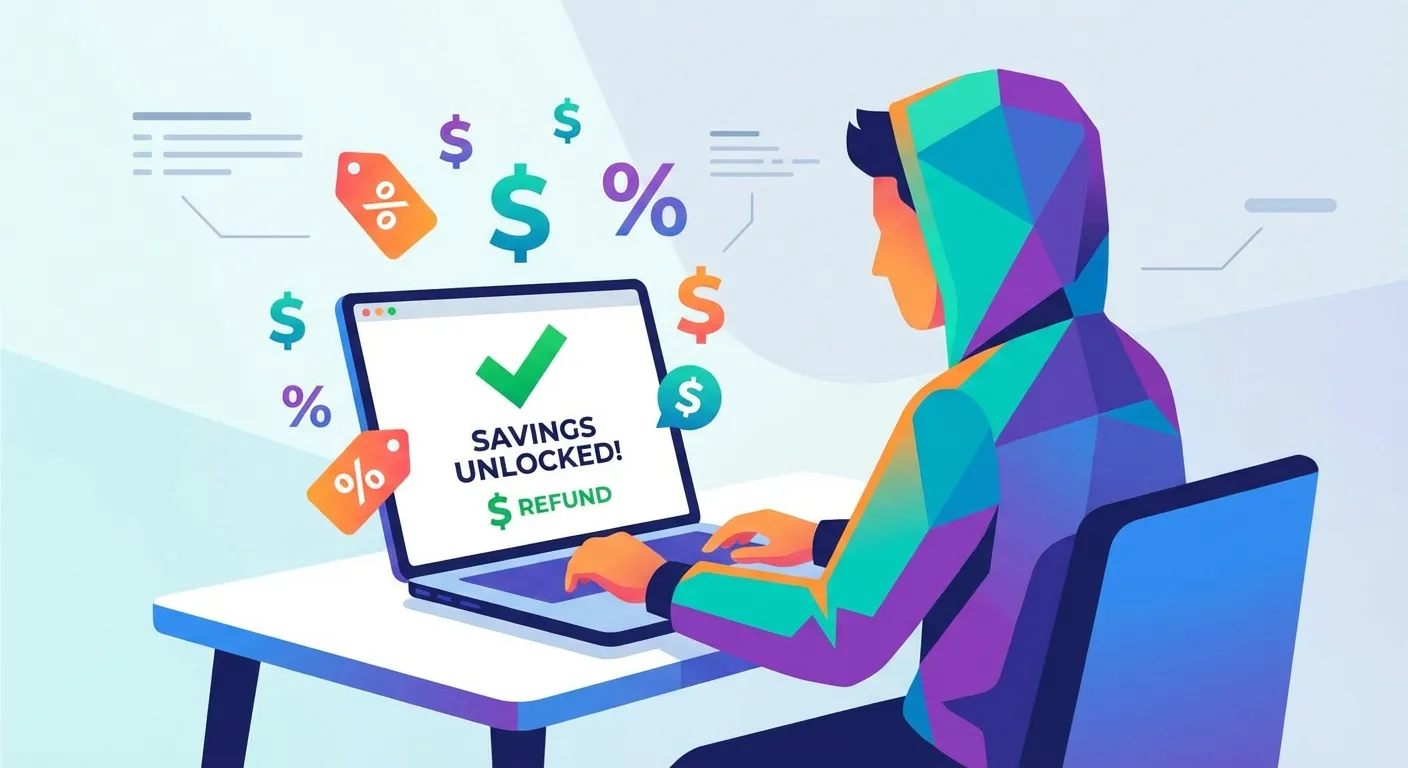 Shopper discovering price drop savings after purchase with browser extension notification