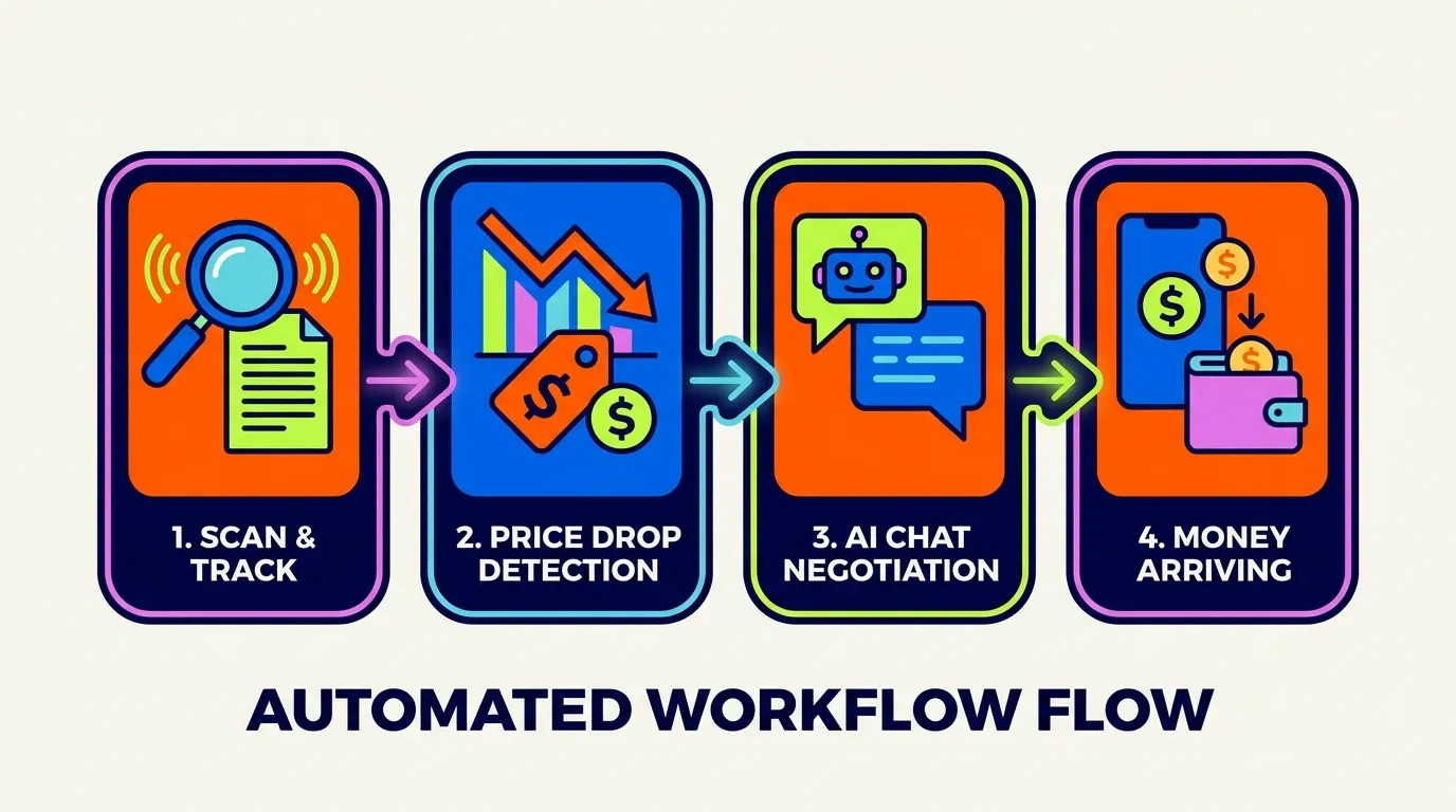 Four-step automatic process: scan orders, detect drops, AI negotiates, money arrives