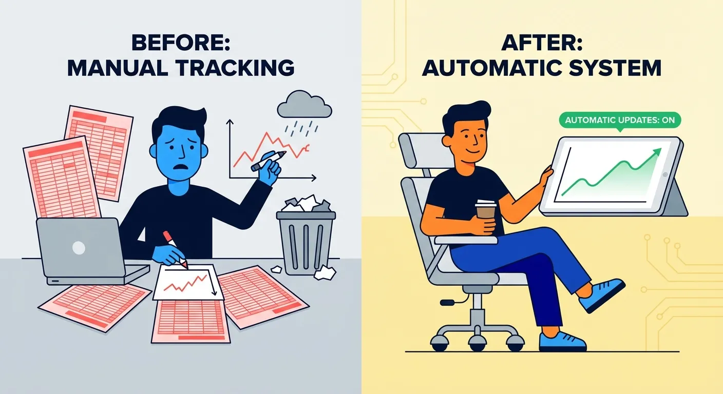 Visual comparison showing manual price tracking steps versus automatic extension workflow
