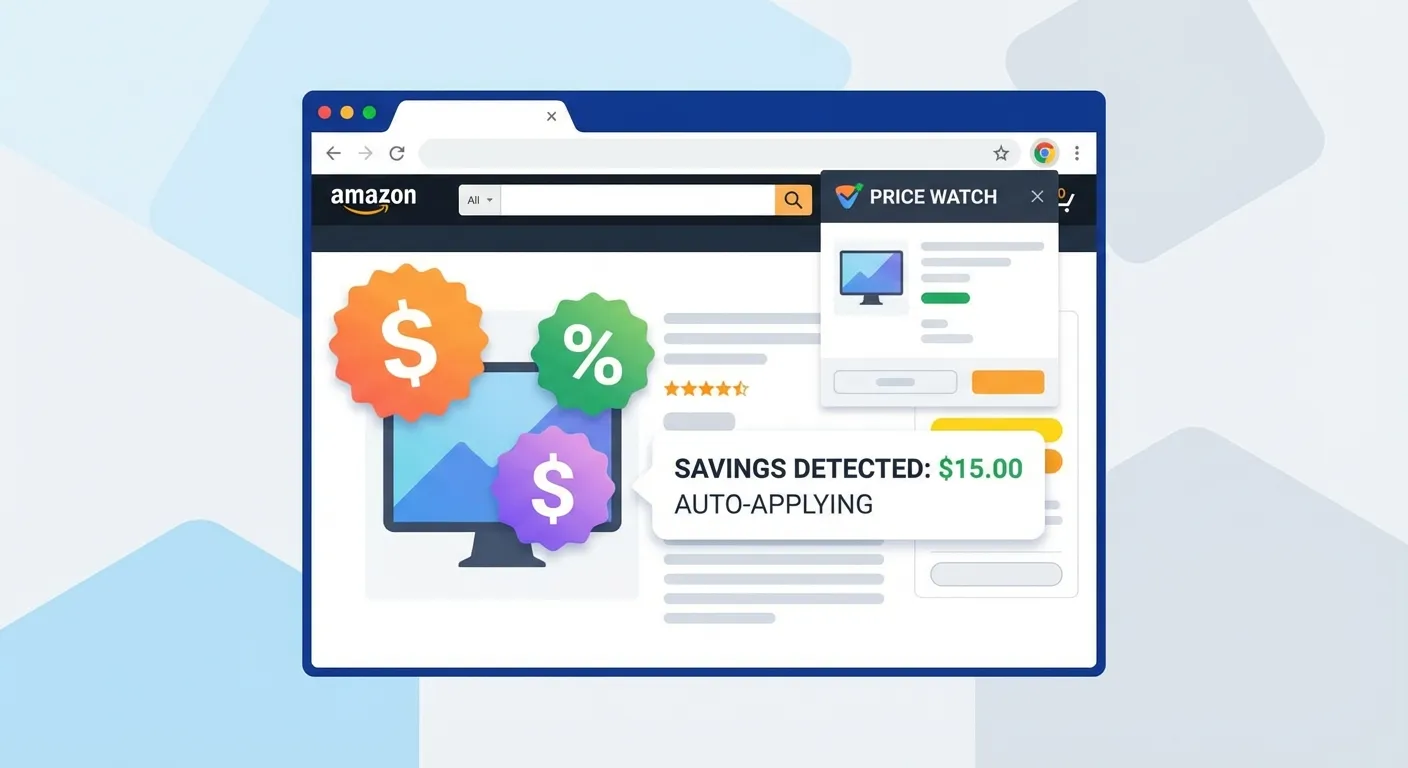 Chrome browser with price adjustment extension showing automatic savings detection