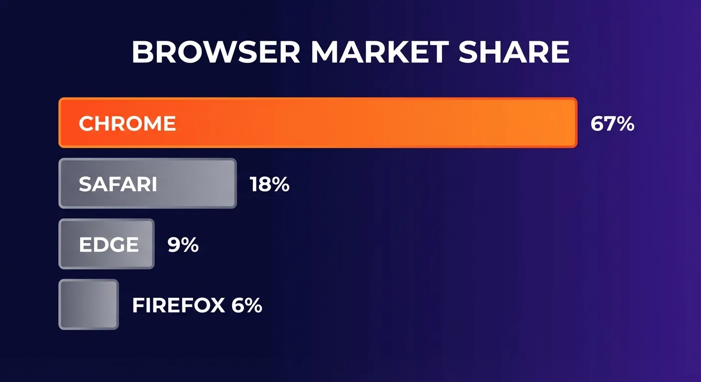 Chrome browser market share statistics showing 67 percent dominance