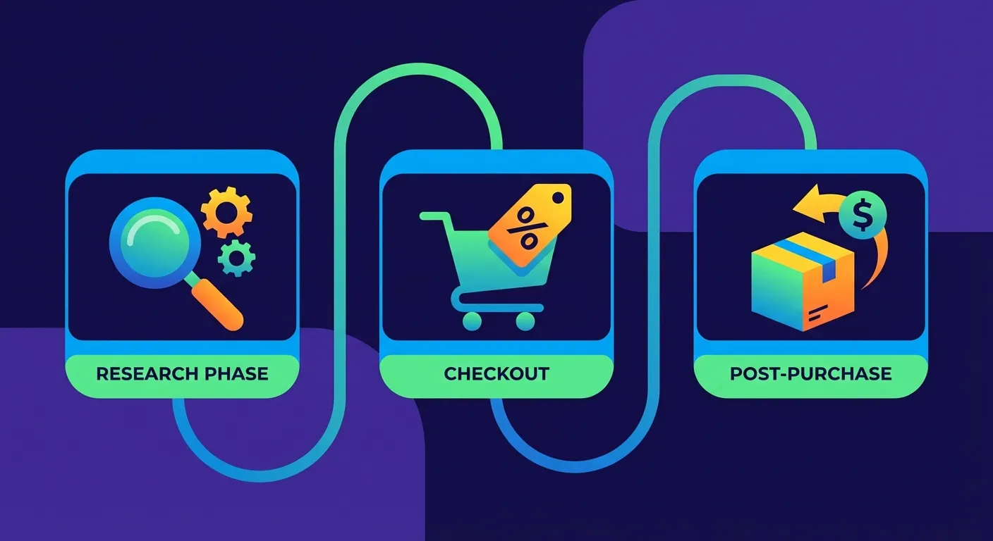 The complete shopping journey showing when to use each tool: Keepa before purchase, Honey at checkout, TaskMonkey after purchase