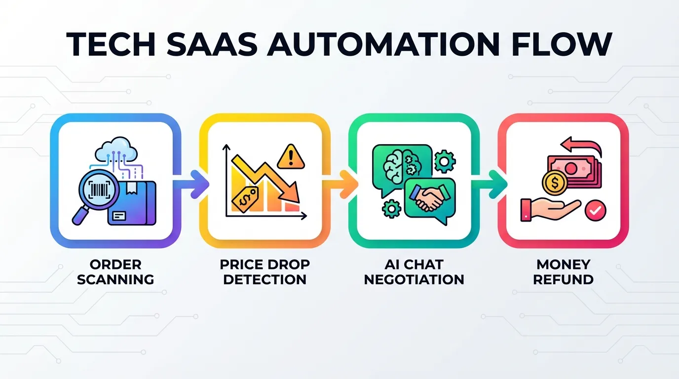 TaskMonkey workflow showing the four steps: scan orders, detect price drops, AI negotiation, and refund received