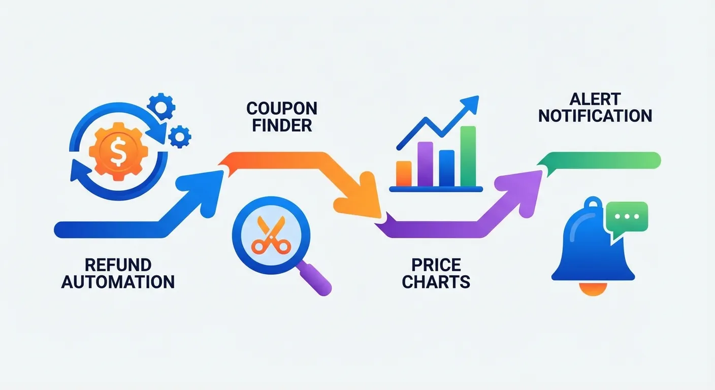 Overview diagram showing the four tools and their primary functions: TaskMonkey for refunds, Honey for coupons, Keepa for price charts, CamelCamelCamel for alerts
