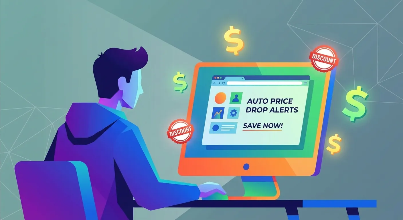 Price adjustment extension concept showing automatic savings and refund notifications on a browser interface