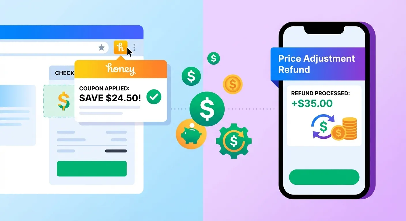 Comparison between Honey coupon extension and price adjustment tools showing savings at different shopping stages