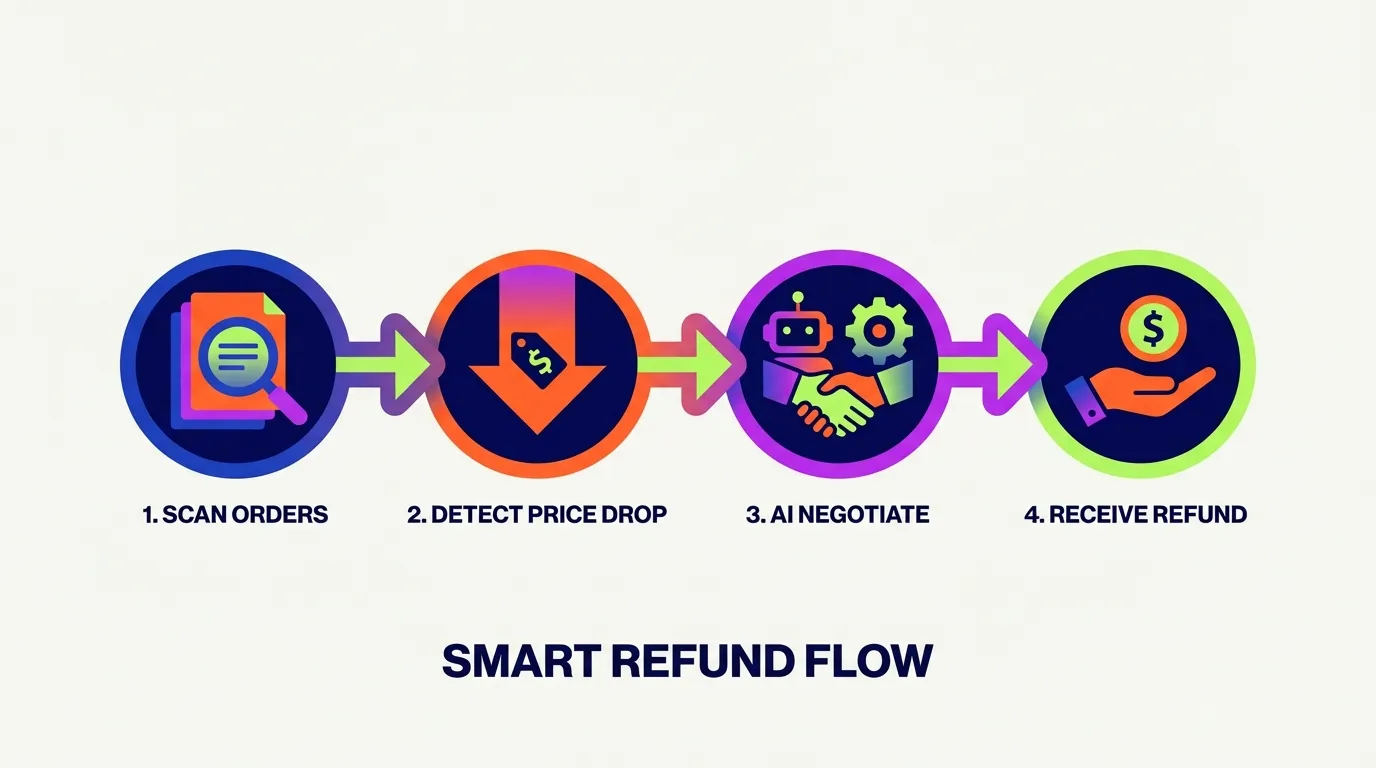 Four-step process showing how price adjustment extensions scan orders, find drops, negotiate, and get refunds