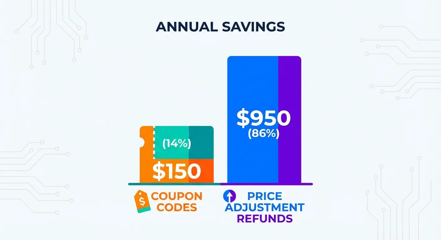 Bar chart comparing annual savings potential between Honey coupon codes and TaskMonkey price adjustments