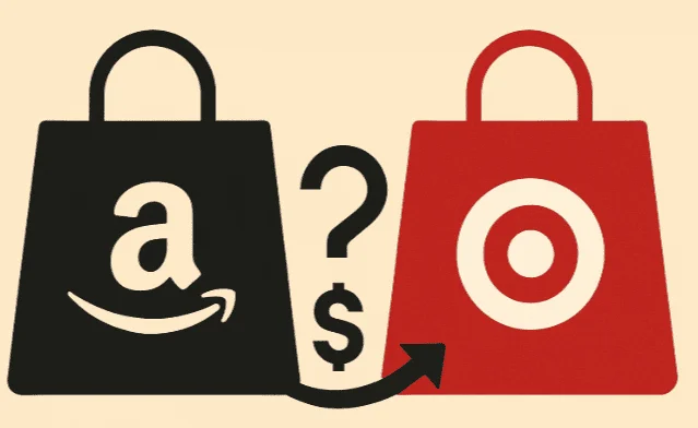 Flat horizontal illustration showing Amazon and Target shopping bags with a dollar sign and delivery truck between them, symbolizing price comparison and refund options after purchase
