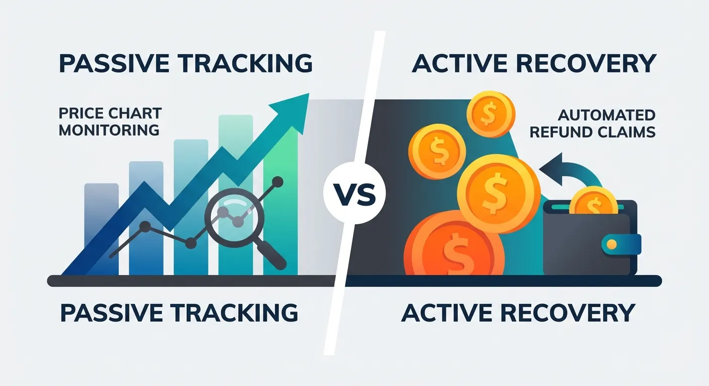 Visual comparison showing Keepa and CamelCamelCamel tracking prices vs TaskMonkey recovering refunds